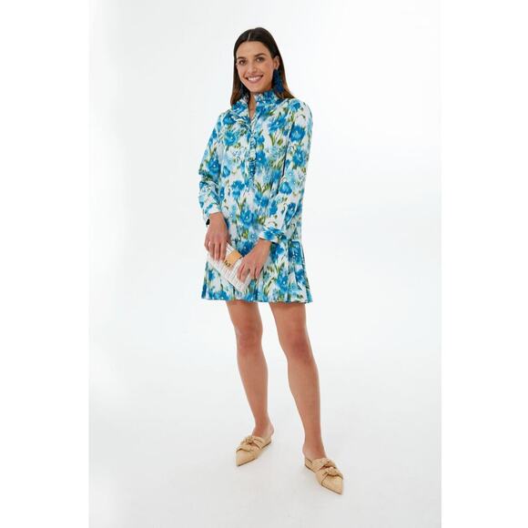 TUCKERNUCK Tate Ikat Blue Green Mini Ruffle Pleated Cotton Poplin Shirt Dress S - Picture 13 of 13